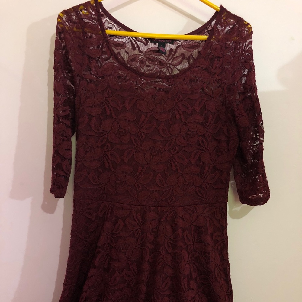 Crimson Medium Sleeve A-Line Floral Pattern Dress